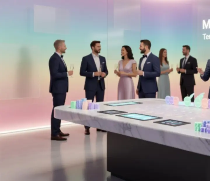 Moderní kasinový stůl Blizoraq s hosty v elegantním oblečení během kasinového večera